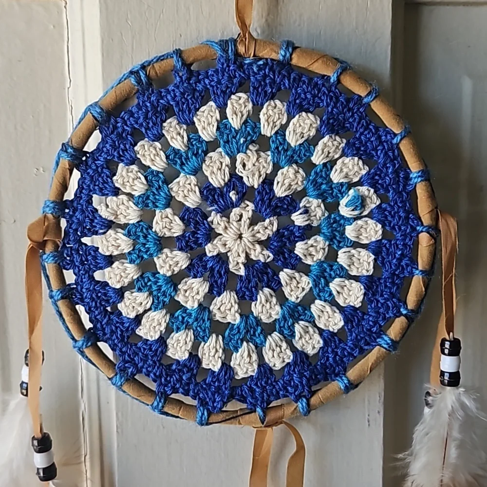 Hand Crafted crochet floral dreamcatcher blue eclectic textile arts wall decor